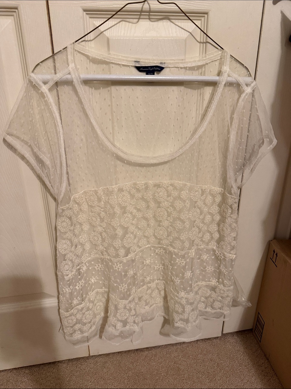 American Eagle Outfitters White Sheer Lace Peplum Top